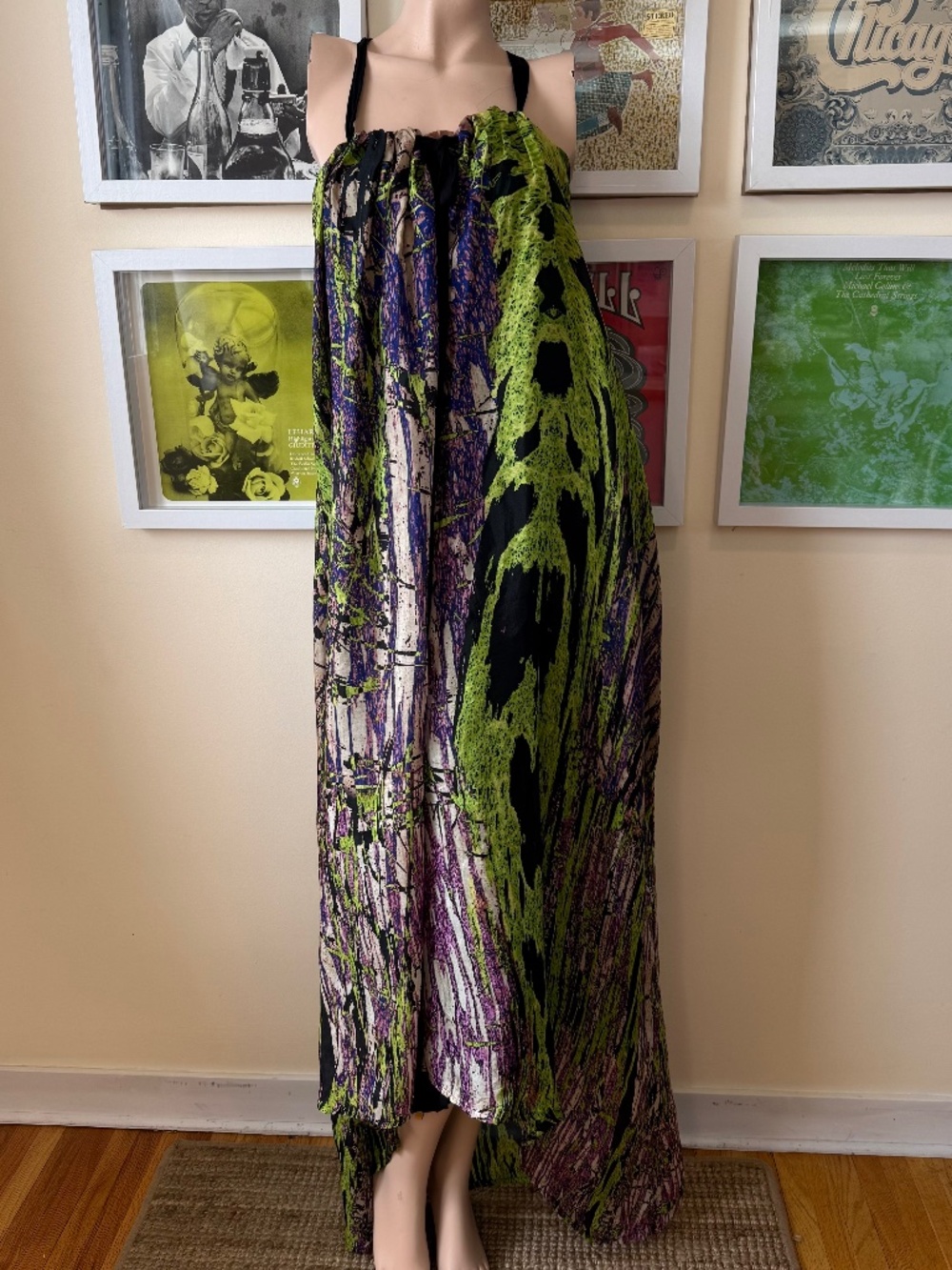 Y2K SILK ABSTRACT PSYCHEDELIC MAXI DRESS • ASYMMETRICAL BOHO GODDESS FESTIVAL